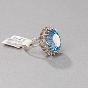 14k White Gold Light Blue Stone and Diamond Ring