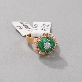 14k Yellow Gold Emerald and Diamond Ring