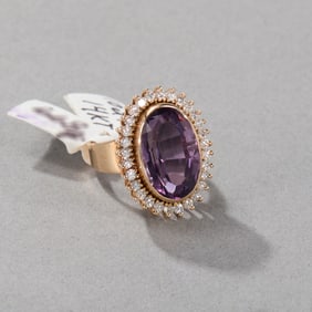 14k Yellow Gold Amethyst and Diamond Ring