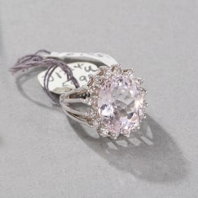 14k White Gold Pink Quartz and Diamond Ring