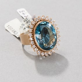 14k Yellow Gold Blue Topaz and Diamond Ring