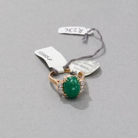 14k Yellow Gold Cabochon Emerald and Diamond Ring