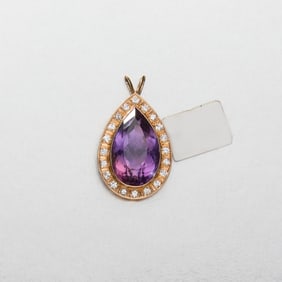 Pear Shaped Amethyst and Diamond 14K Pendant