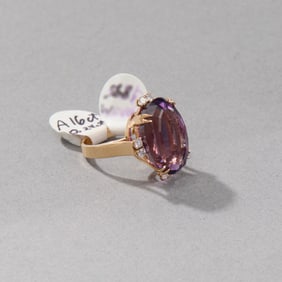14k Yellow Gold Magenta Stone and Diamond Ring