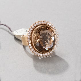 14k Yellow Gold Smoky Quartz and Diamond Ring