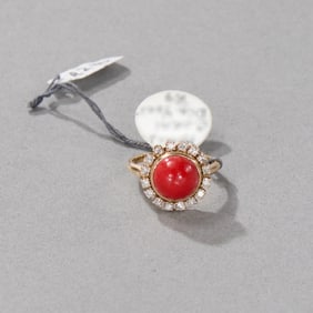 14k Yellow Gold Coral and Diamond Ring