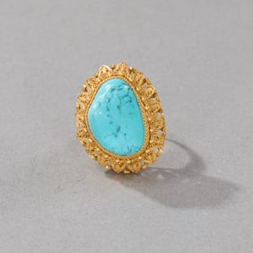 14k Yellow Gold Filigree and Turquoise Ring