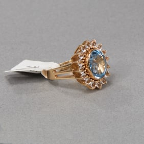 14k Yellow Gold Light Blue Topaz and Diamond Ring