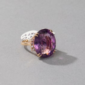 14k Yellow Gold Amethyst and Diamond Ring