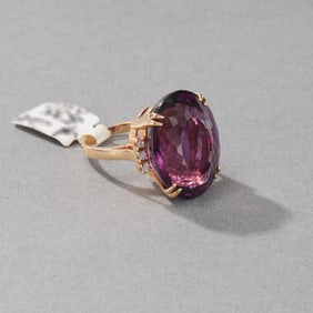 14k Yellow Gold Magenta Stone Diamond Ring