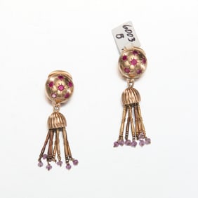 14k Yellow Gold Pink and Red Stone Dangle Earrings