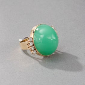 14k Yellow Gold Chrysoprase and Diamond Ring