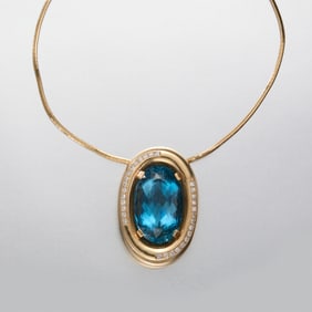 14K Gold Diamond Mid-Century Topaz Necklace