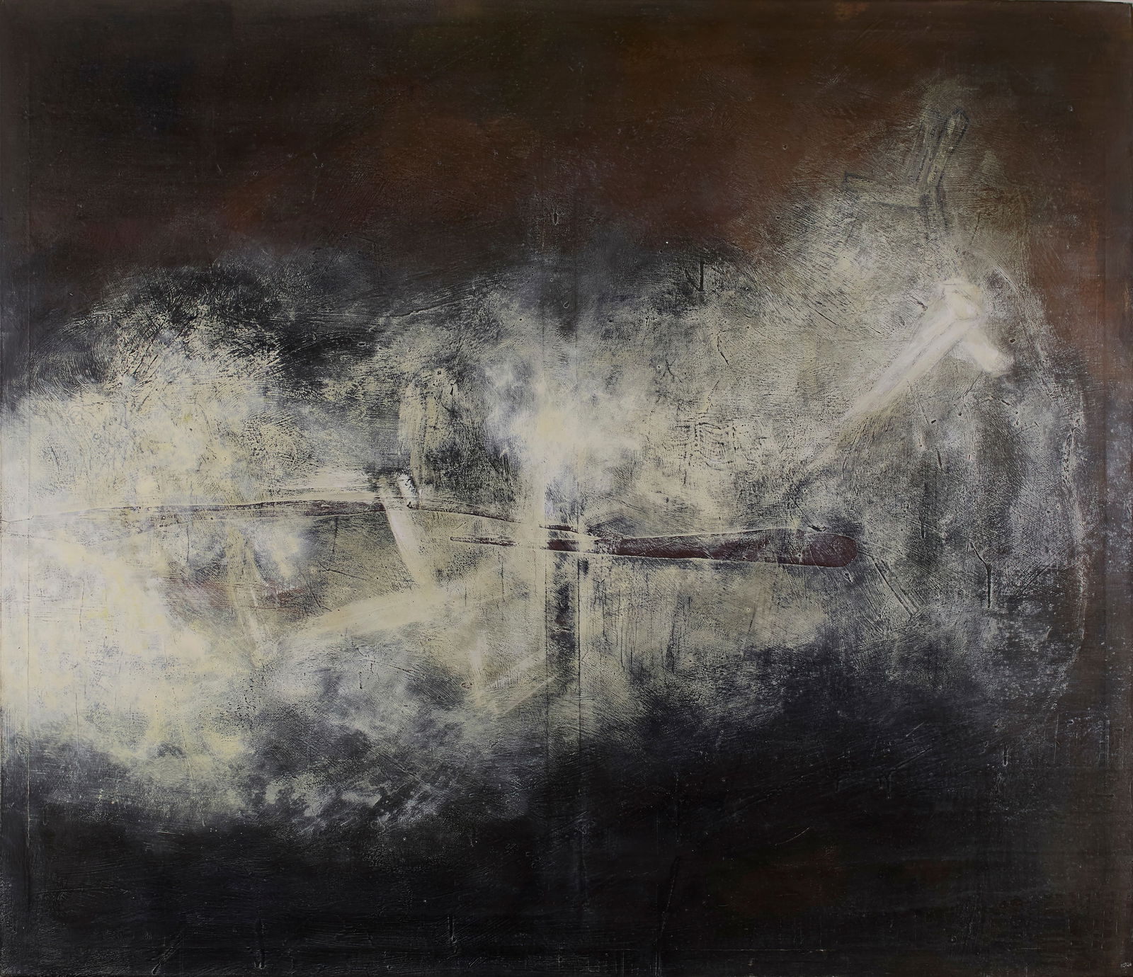 Georg Herold (German, b. 1947): "Dachlattenplasma." 1986. Oil and mixed media on canvas. 51 1/4 x 59 1/4". Inscribed on verso. Provenance: Galerie Grasslin-Ehrhardt, Germany; property of a Rhode Island collection.