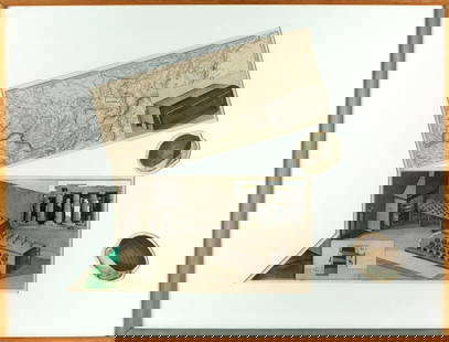 20th Century Dadaist Photomontage: "Perspective." Collage in irregularly shaped mat in a Dadaist or Fluxist approach. "ADLER" gallery label fragment on the verso with Bark Frameworks, NYC stamp. 23 x 30"; 24 1/2 x 31 1/4" (overall). Fr