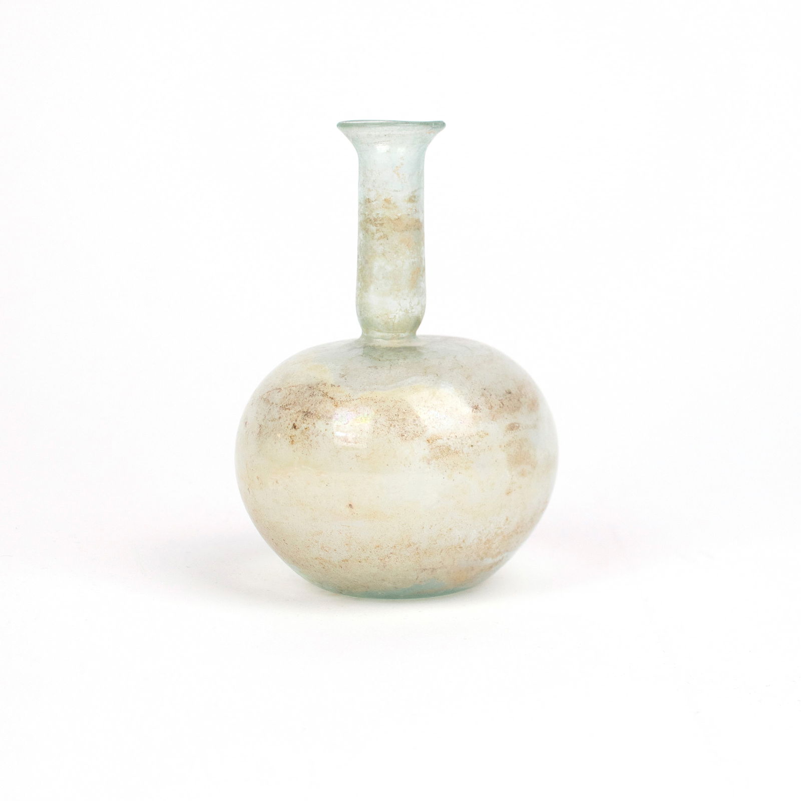 Roman Glass Bottle Iridescence (Ancient): Roman, ca. 2nd century AD. An impressive free-blown bottle from translucent blue-green glass. A bulbous and conical neck with a curious taper at the base on a circular-shaped body and circular concave