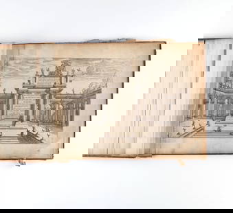 18th Century Volume of Roman Palace Etchings by Giovanni Battista Falda (Italian, 1643 - 1678): "Nuovi Disegni De Architetture, E Piante De Palazzi Di Roma.... Libro Secondo." Hardbound volume with engravings. Large volume of engravings depicting Roman palaces. 14 3/4 x 18".