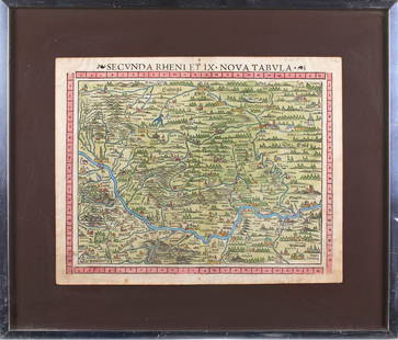 Sebastian Munster (German, 1488 - 1552): 16th-century map of the Rhine River. Hand-colored woodcut map. 12 3/4 x 15 3/4"; 19 x 22" (overall). Framed.