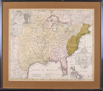 1756 Map of Canada and America: "Map of Canada and Louisiana." Map shows the British colonies in North America during the colonial era and the political divisions. 23 x 19 1/4"; 24 3/4 x 27 3/4" (overall). Framed. Provenance: proper