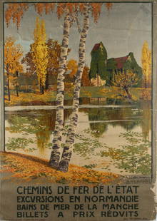 Géo Dorival (French, 1879 - 1968): "Excursions En Normandie." 1913. Linen-backed lithographic poster. 42 x 30" (housed in plexi). Provenance: property of a Providence, Rhode Island collector.