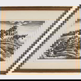 Thomas Hart Benton (American, 1889-1975): 'Spring Plowing.' Lithograph. 1939. Signed on the bottom right. Includes GCM watermark on sheet. Image area: 12 1/2 x 10"; Frame: 16 3/4 x 18 3/4" (overall). Published by Associated American Artists.