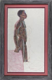 Guy Colwell (American - California,: 'Dual Figure—Man Looking Forward.' 1982. Colored pencil on paper. Signed and dated on bottom right. 29 x 16 1/2"; 36 x 24" (overall). Framed. Colwell was a pivotal figure in the 1970s underground co