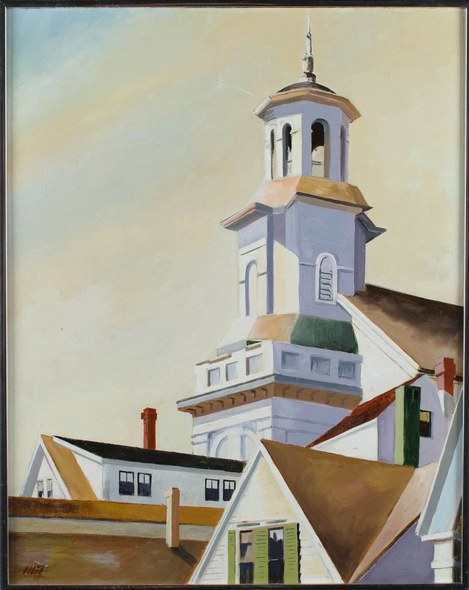 Provincetown Painter (20th Century): View of the Center Methodist Church—Provincetown Library. Oil on artist board. Signed illegibly at bottom left. (Edward Hopper depicted from a similar vantage the same buildings). 20 x 16"; 20 1/4 x