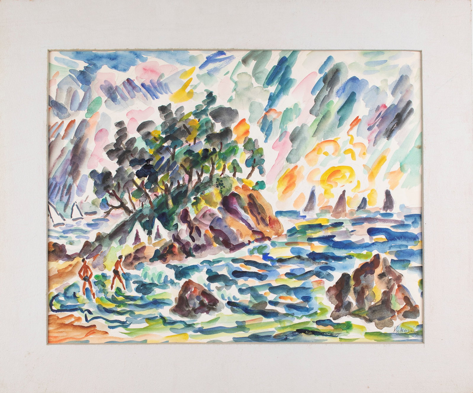 Marko Walker Vukovic (Yugoslavian/American, 1892 - 1973): "Peninsula Sunrise." 1971. Watercolor on paper. Signed and dated on the bottom right. 18 x 24"; 20 x 24" (matted). Provenance: property of a Massachusetts collection, through the estate of the artist.