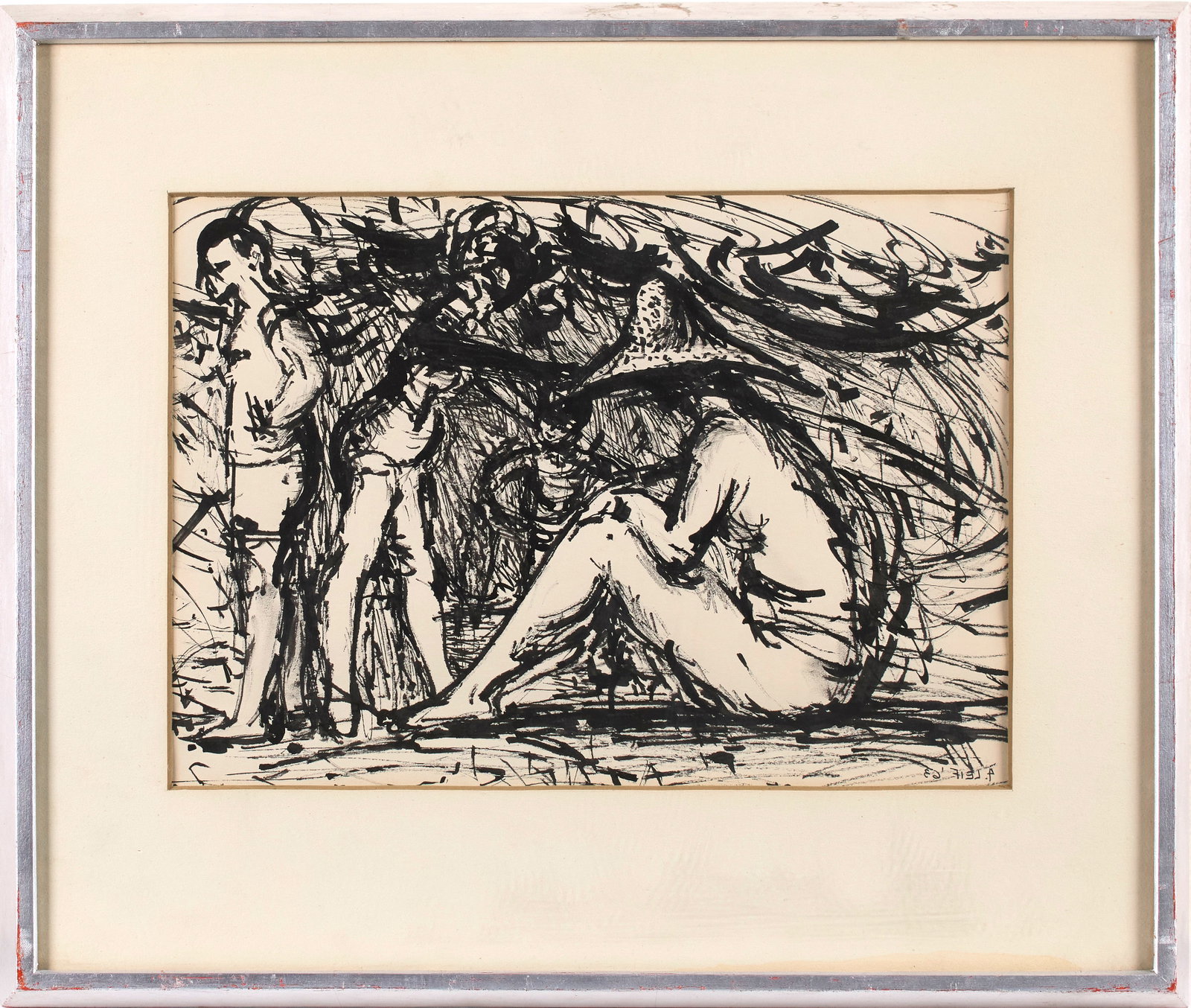Florence Leif (American, 1913-1968): "Family at the Beach." Ink on paper. 1963. Signed and dated at bottom left. 9 1/2 x 13"; 17 x 19 1/2" (overall). Framed. Provenance: property of a Providence, Rhode Island collection through the estat