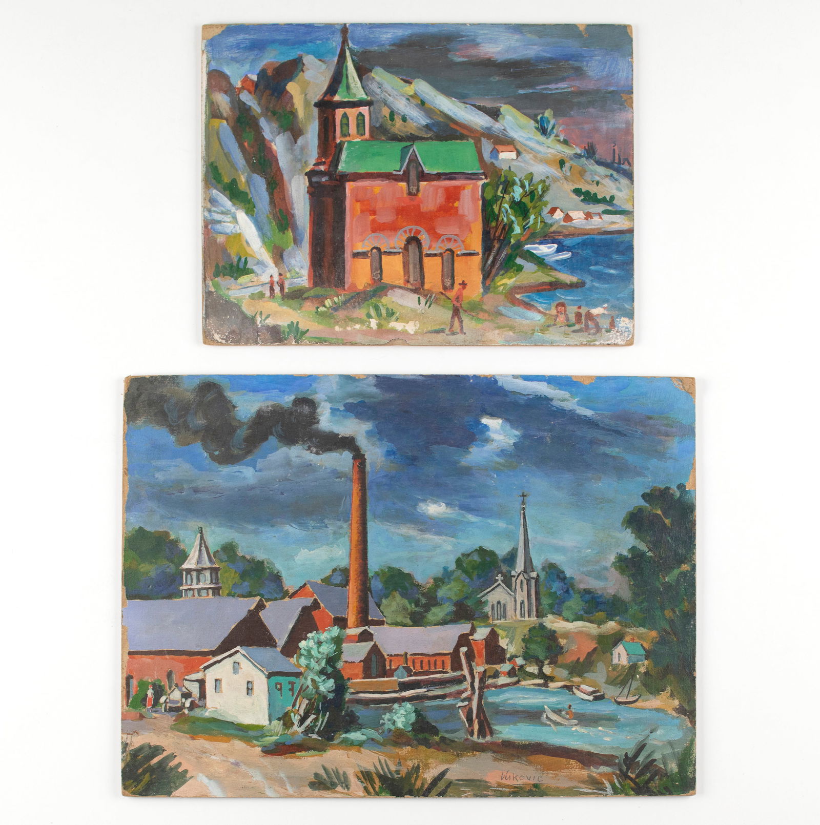 Marko Walker Vukovic (Yugoslavian/American, 1892 - 1973): Two regionalist rural townscapes. Oil on panel. One signed on the bottom right. 12 1/2 x 17"; 9 1/2 x 12 1/2". Provenance; property of a Massachusetts collection, through the estate of the artist.