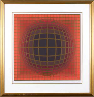 Victor Vasarely (Hungarian/French, 1906-1997): "Dome B (Red)." Serigraph. Numbered 129/150. Signed at bottom right. 30 x 26"; 32 1/2 x 34" (overall). Framed.