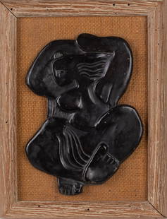 Art Deco Relief Sculpture (20th Century): 'Abstracted Female Figure.' Ceramic, mounted and framed. 10 x 8" (overall). No signature found.