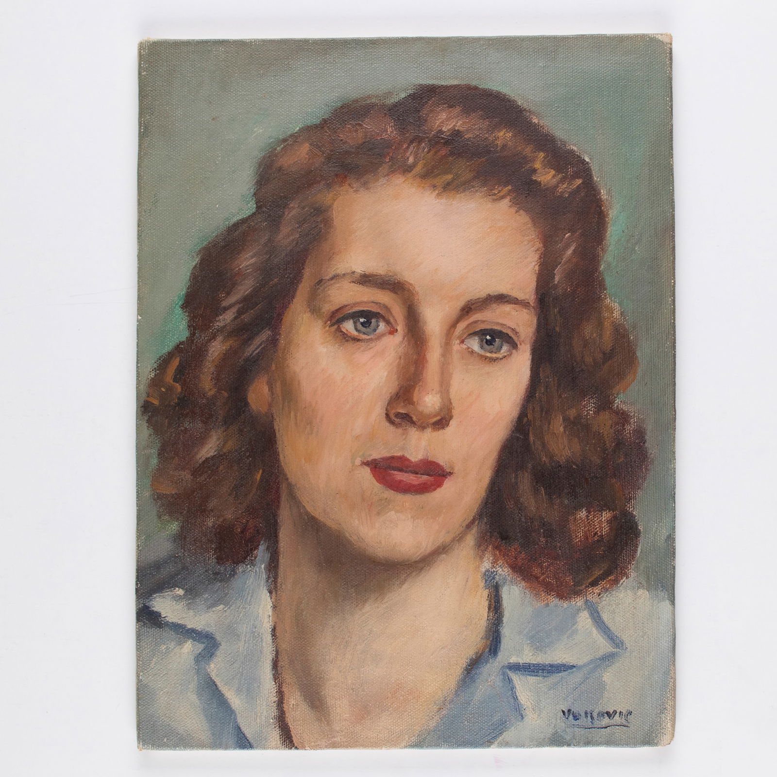 Marko Walker Vukovic (Yugoslavian/American, 1892 - 1973): Blue Eyed Woman. 1945. Oil on canvas stretched over board. Signed on bottom right. Inscribed on verso and dated '45 (1945). 9" x 12". Provenance: artist's estate; Massachusetts private collection.