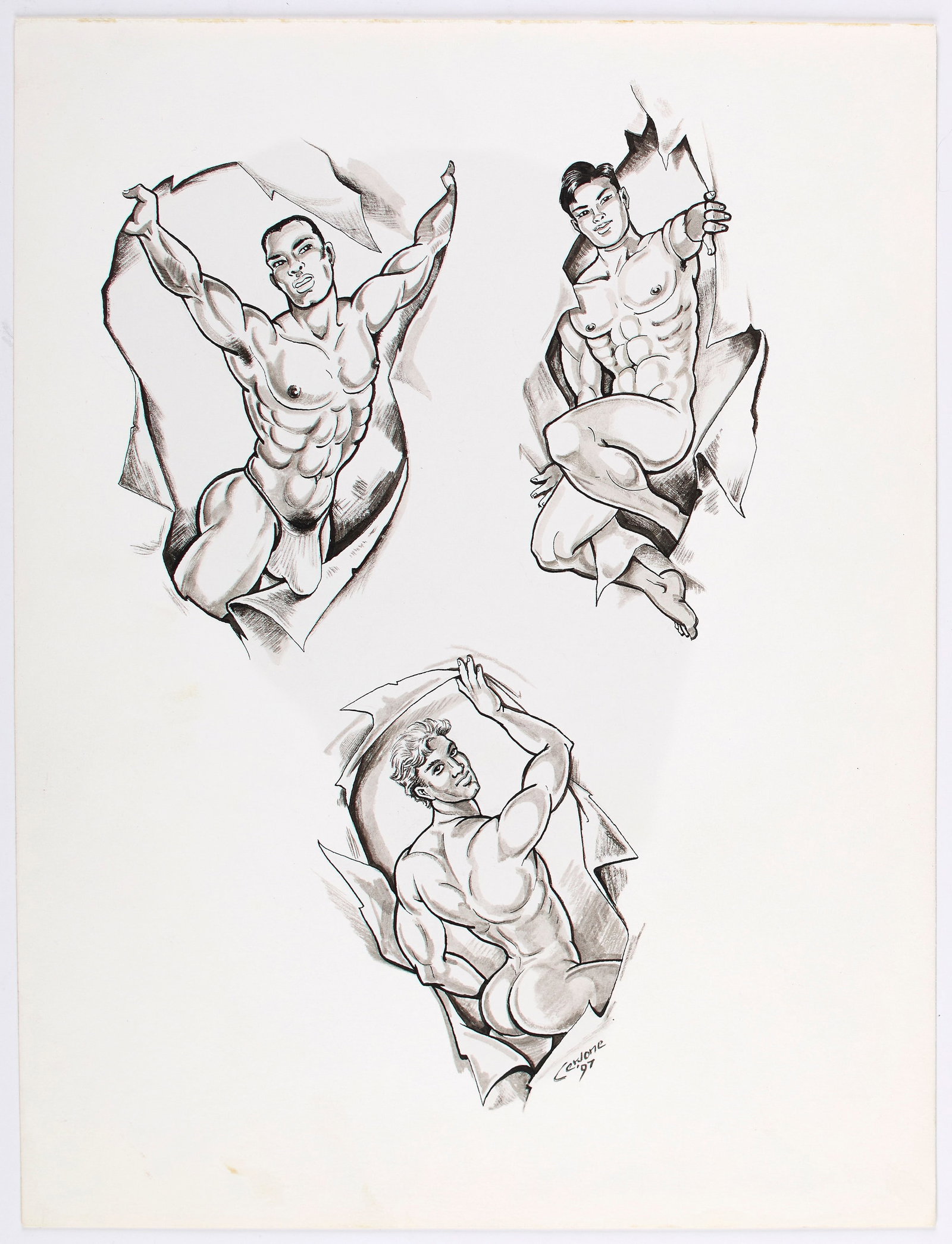 Edmund "Ed" Cervone (German/American, 1945 - 2001): 1997. Ink on paper. Signed and dated on the bottom. 12 x 9". Provenance: the Leslie-Lohman Museum of Art, New York. Shipping: At checkout, you can choose integrated shipping with LiveAuctioneers LiveS