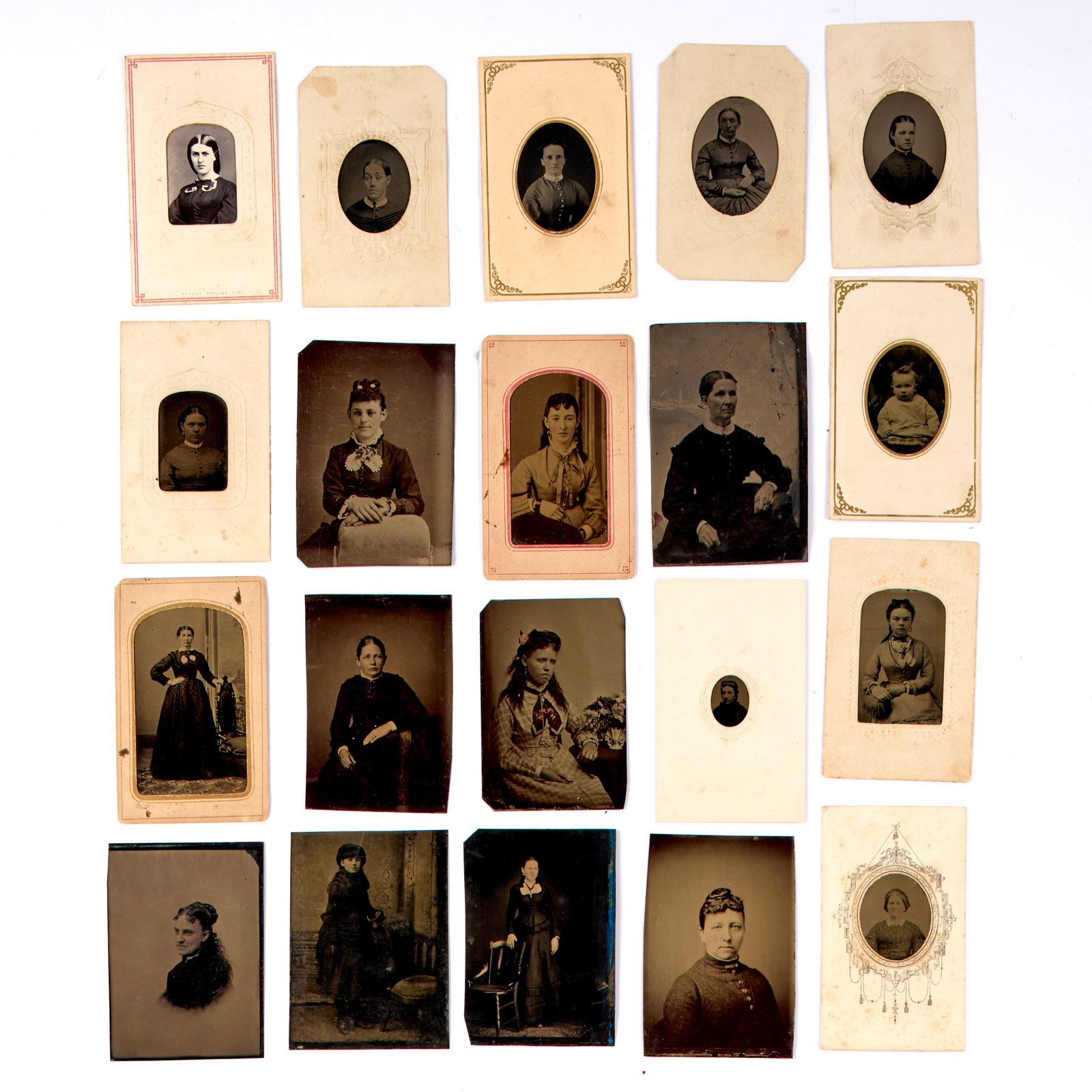 Tintype Collection of Women (19th Century): Twenty (20) tintype portraits of women in various poses. Loose and paper-mounted. Largest ; 4 x 2.5" Provenance: property of a private Connecticut collection. Shipping: At checkout, you can choose int