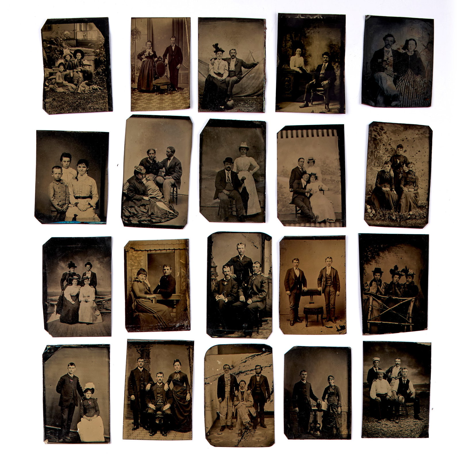 Tintype Photograph Collection (19th Century): A collection of twenty (20) 19th-century tintype photographs of couples and groups in various poses. Largest size: 4 x 2 1/2". Provenance: property of a private Connecticut collection. Shipping: At ch