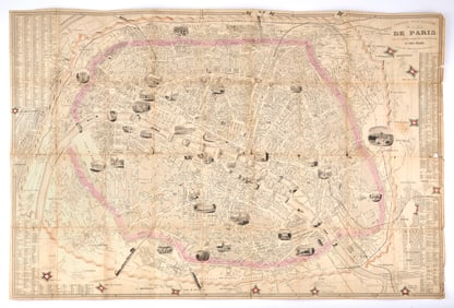 Fold Out Pictorial Map Of Paris (1858)