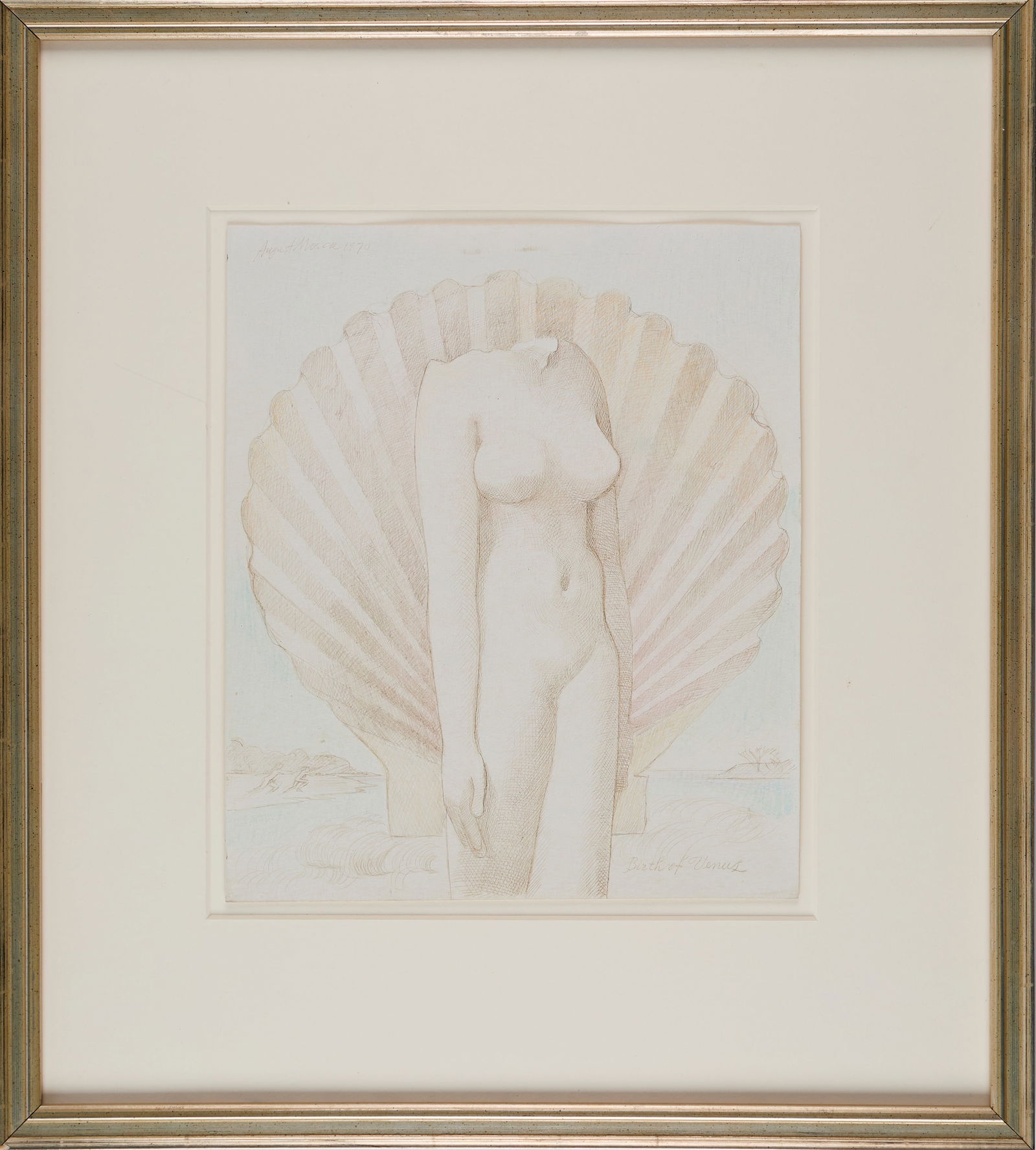 August Mosca (Italian/American, 1909-2003): "Birth of Venus." 1970. Signed and dated at the top left. Titled at bottom right. Silver point and colored pencil. 11 1/4 x 9 1/2"; 19 1/8 x 17 1/4". Provenance: property of a Massachusetts collection