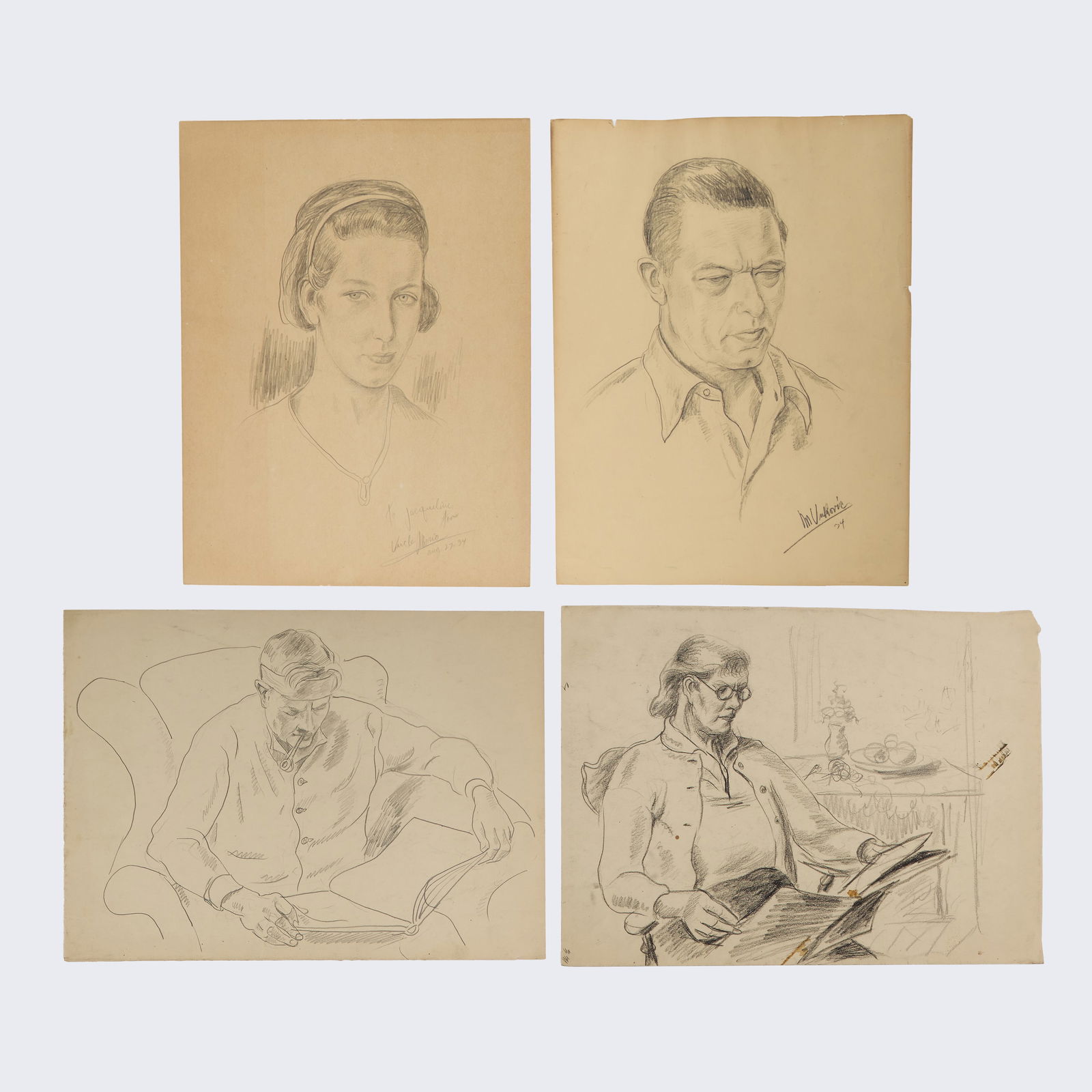 Marko Walker Vukovic (Yugoslavian/American, 1892 - 1973): A collection of portrait sketches and half-length portraits of figures reading in graphite and charcoal. Two (2) signed, inscribed, and dated 1934. Provenance: the estate of the artist; a private Mass