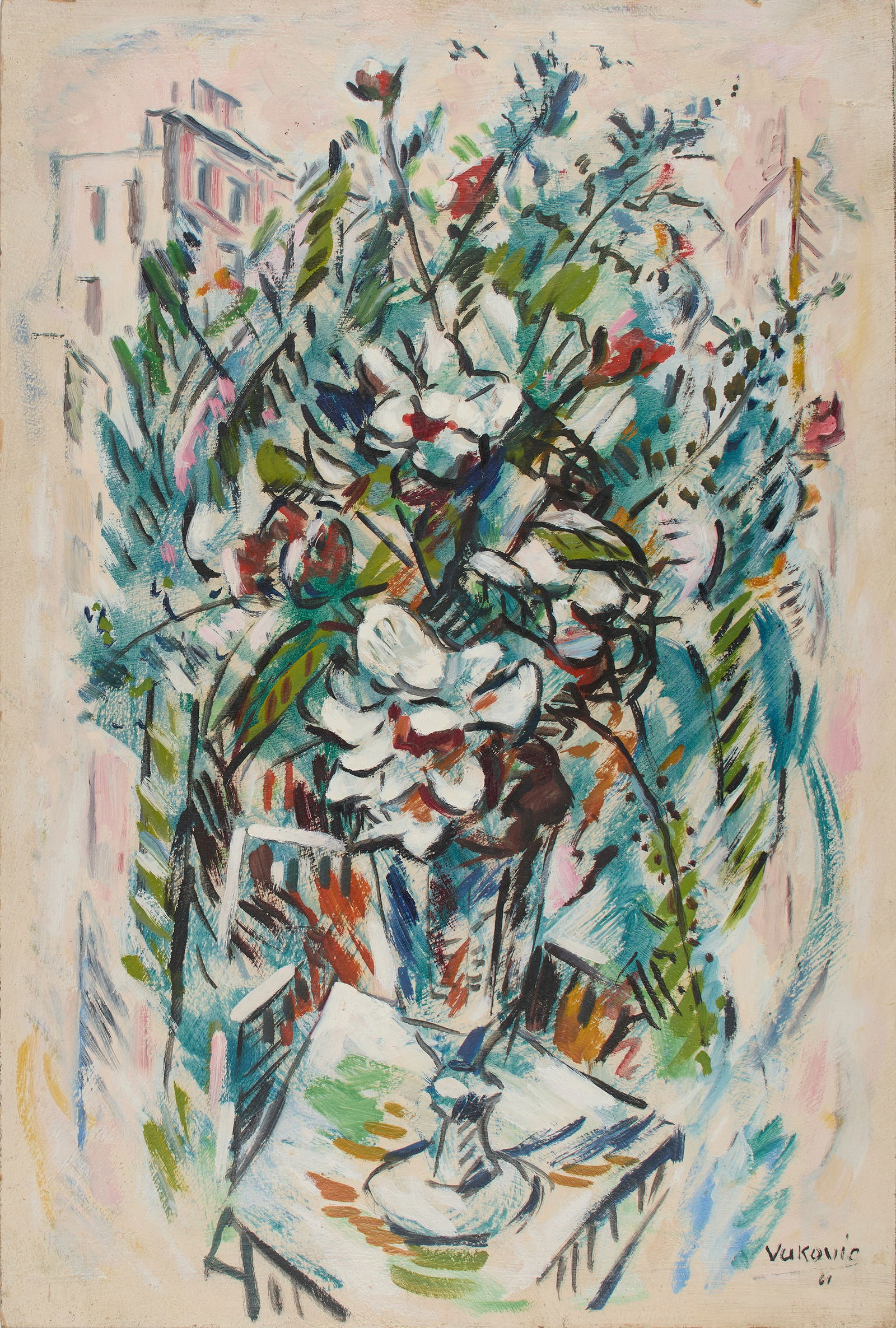 Marko Walker Vukovic (Yugoslavian/American, 1892 - 1973): An expressionistic floral still life. 1961. Oil on board. Signed and dated at the bottom right. 24 x 16". Provenance: the estate of the artist; a private Massachusetts collection. Shipping: At checkou