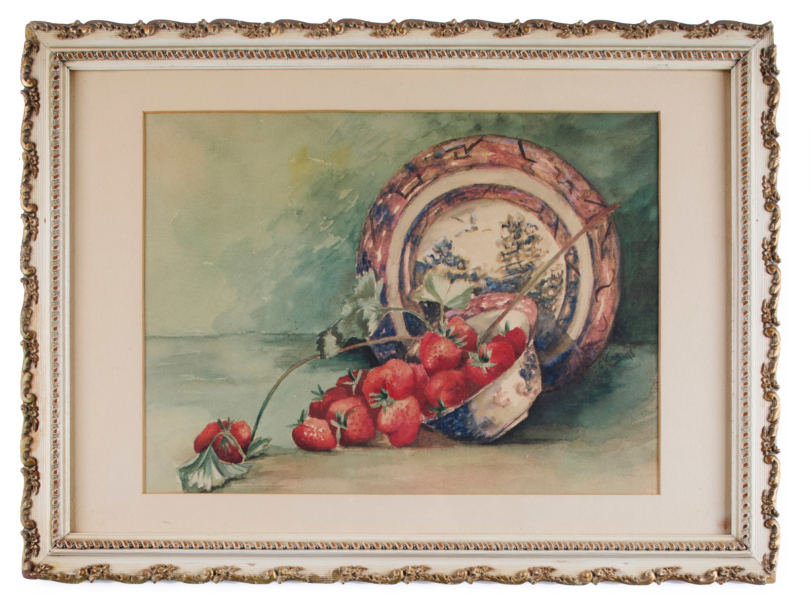American School (19th Century): Still life of strawberries in a cup. 1898. Watercolor on paper. Signed "G. King" and dated on the right. 11 3/4 x 15 3/4" (sight); 17 1/2 x 23" (overall). Framed. Provenance: property of a private Fal