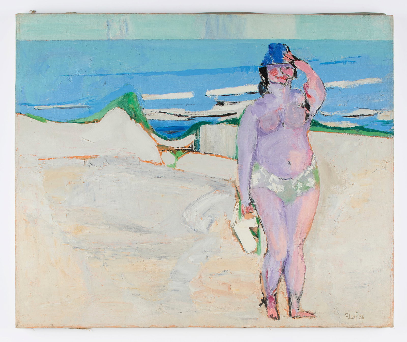 Florence Leif (American, 1913-1968): "Purple Bather." 1956. Oil on canvas. Signed and dated on the bottom right. 20 x 24" Provenance: the estate of Gordon Peers (Leif's husband), through a Providence, RI private collection. Shipping: At 