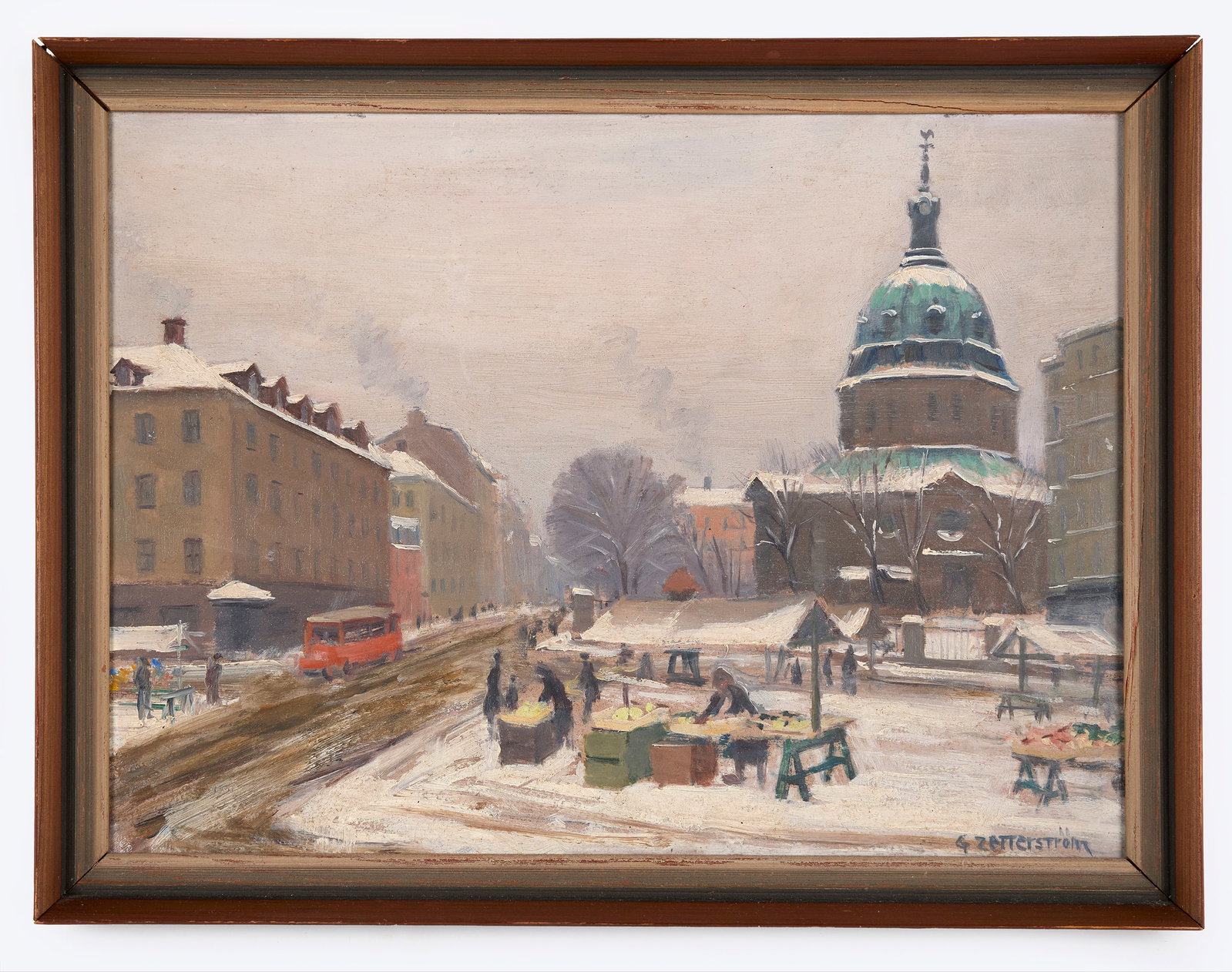 Gunnar Zetterström (1902 - 1965): Winter market scene nearby the Hedvig Eleonora church in Stockholm, Sweden. Oil on panel. Signed on the bottom right. 9 1/2 x 12 3/4". Provenance: Property of a private Rhode Island collection. Shippi