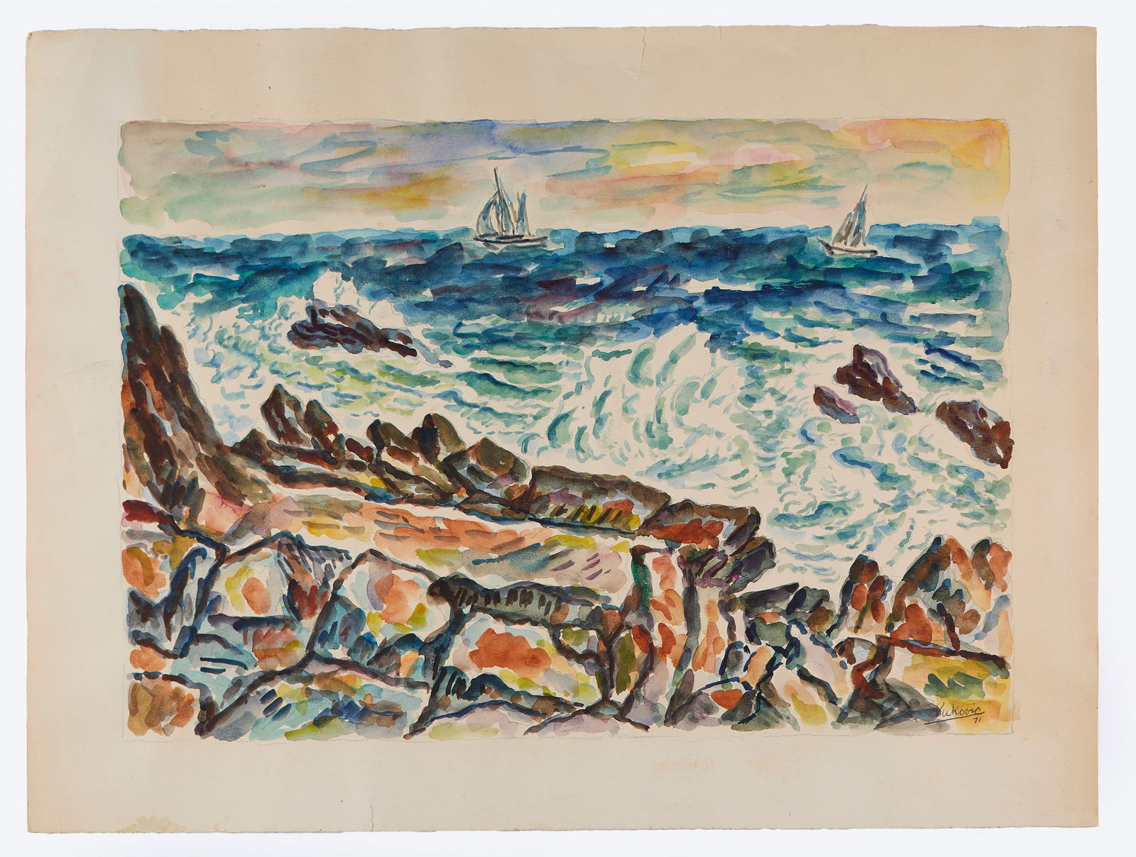 Marko Walker Vukovic (Yugoslavian/American, 1892 - 1973): A seascape scene of crashing waves. 1971. Watercolor on paper. Signed and dated on the bottom right. 18 1/4 x 24". Provenance: the estate of the artist; a private Massachusetts collection. Shipping: A