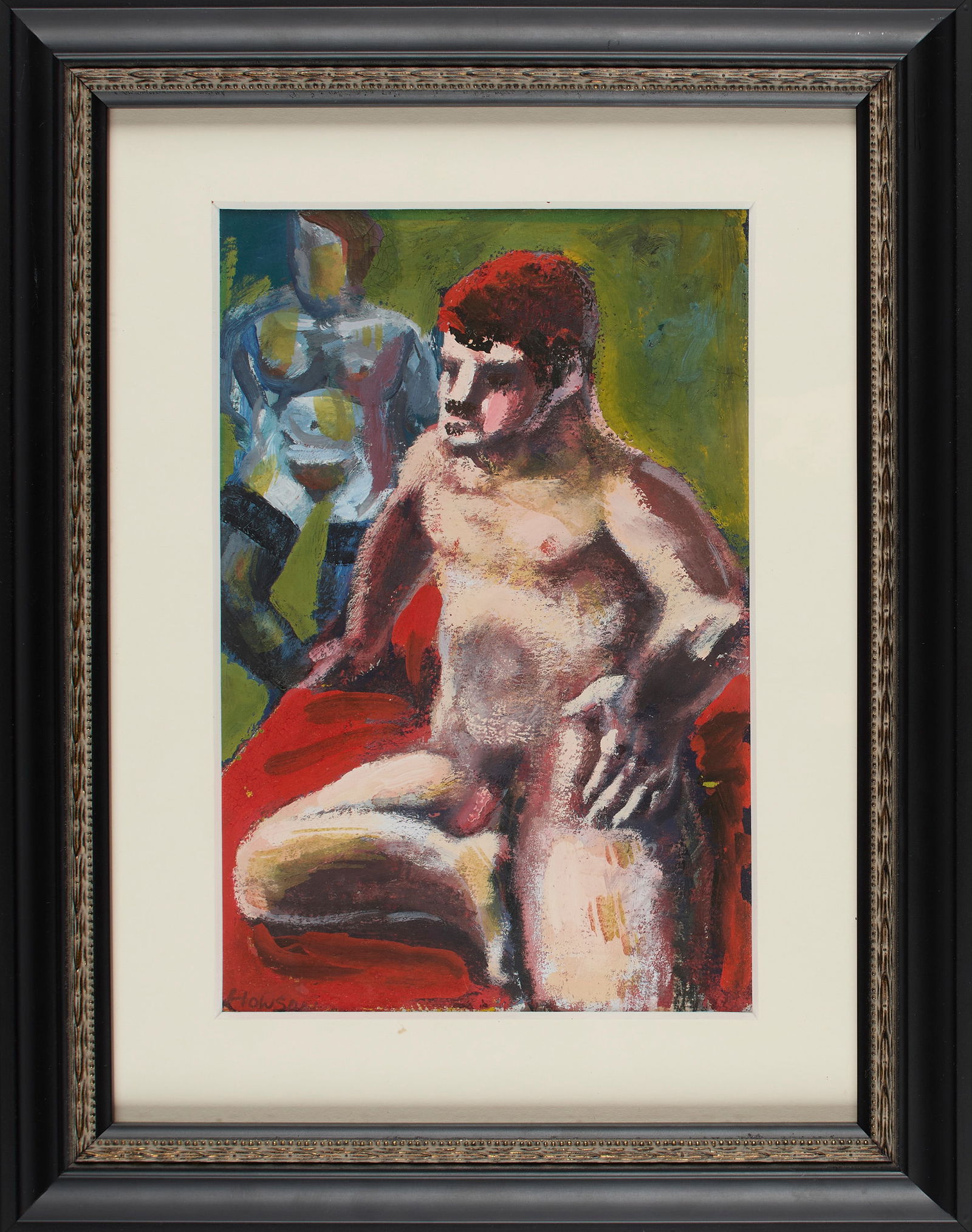 Peter Howson (Scottish, b. 1958): Painting of a seated red-haired male nude. Gouache on paper. Signed on the bottom left. 9 x 6" (sight); 14 1/2 x 11 3/4" (overall). Framed. Provenance: a prominent New York private collection. Shippin