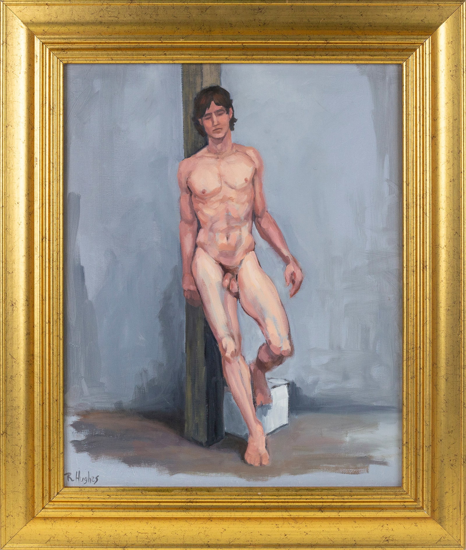 Robert J. Hughes (American, 20th Century): "Male Nude Study II (Daniel)."' Oil on canvas. Signed on the bottom right. 20 x 16"; 26 1/2 x 21 1/2" (overall). Framed. Provenance: property of a Provincetown, Massachusetts estate. Shipping: At chec