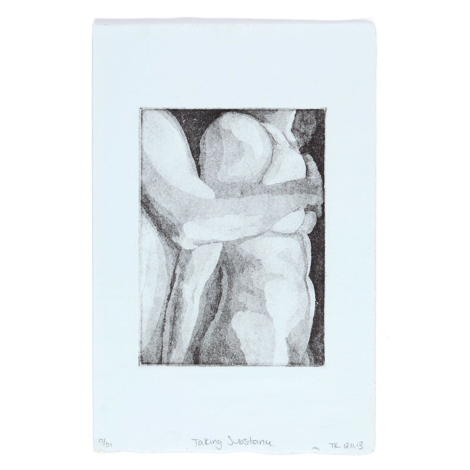 20th Century School: "Taking Substance." Aquatint etching. Numbered 17/51 on the bottom left. Initialed 'TK' on the bottom right. Artist unknown or unidentified. 11 1/2 x 7 1/2". Provenance: a prominent New York private c