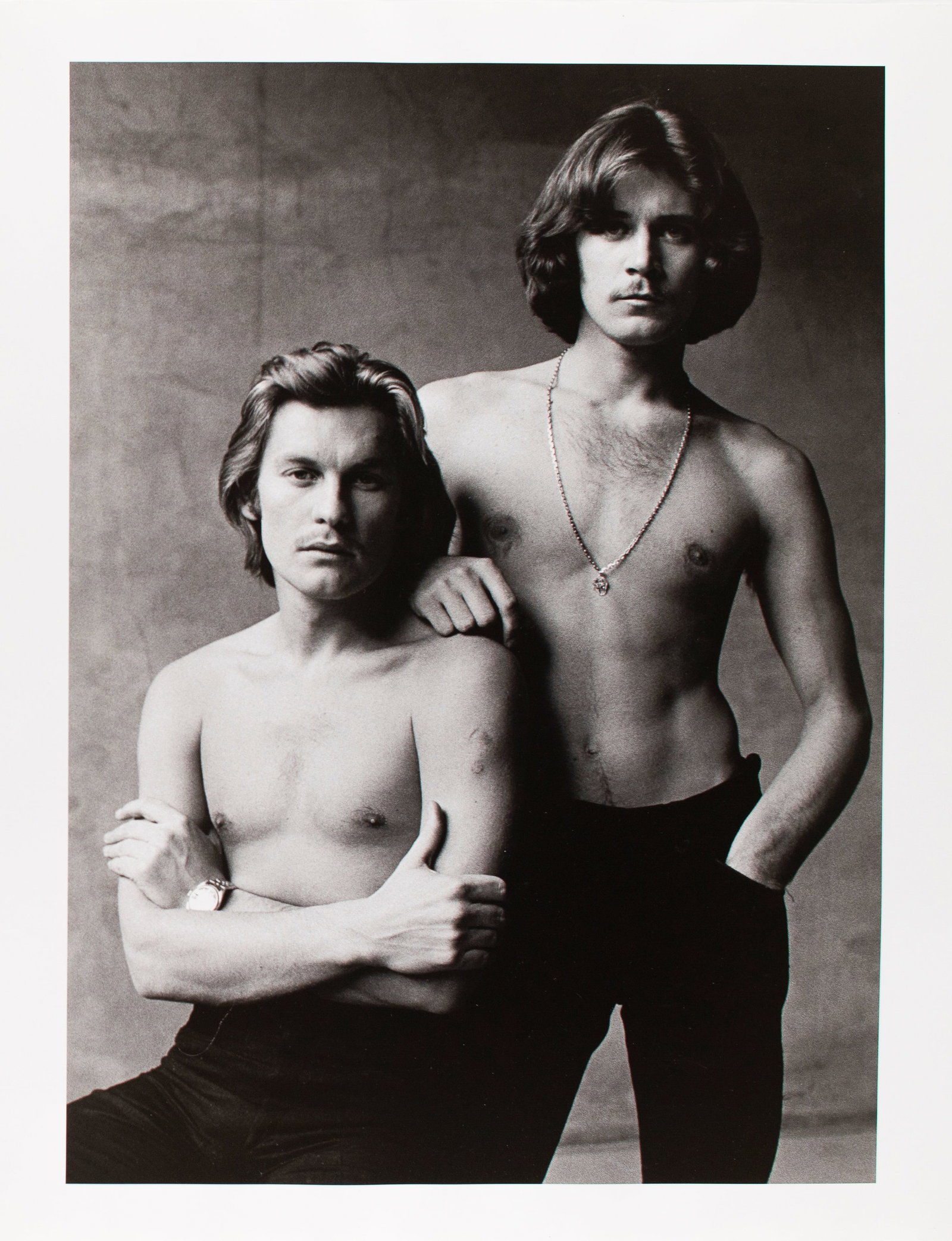Francesco Scavullo (American - New York, 1921 - 2004): "Helmut Berger and Michael Benedict, NYC Studio - 1969". 1969. Photograph. Pencil signed. stamped and described on the verso. Numbered 1/25. 20 x 16". Provenance: an American museum. Shipping: At chec
