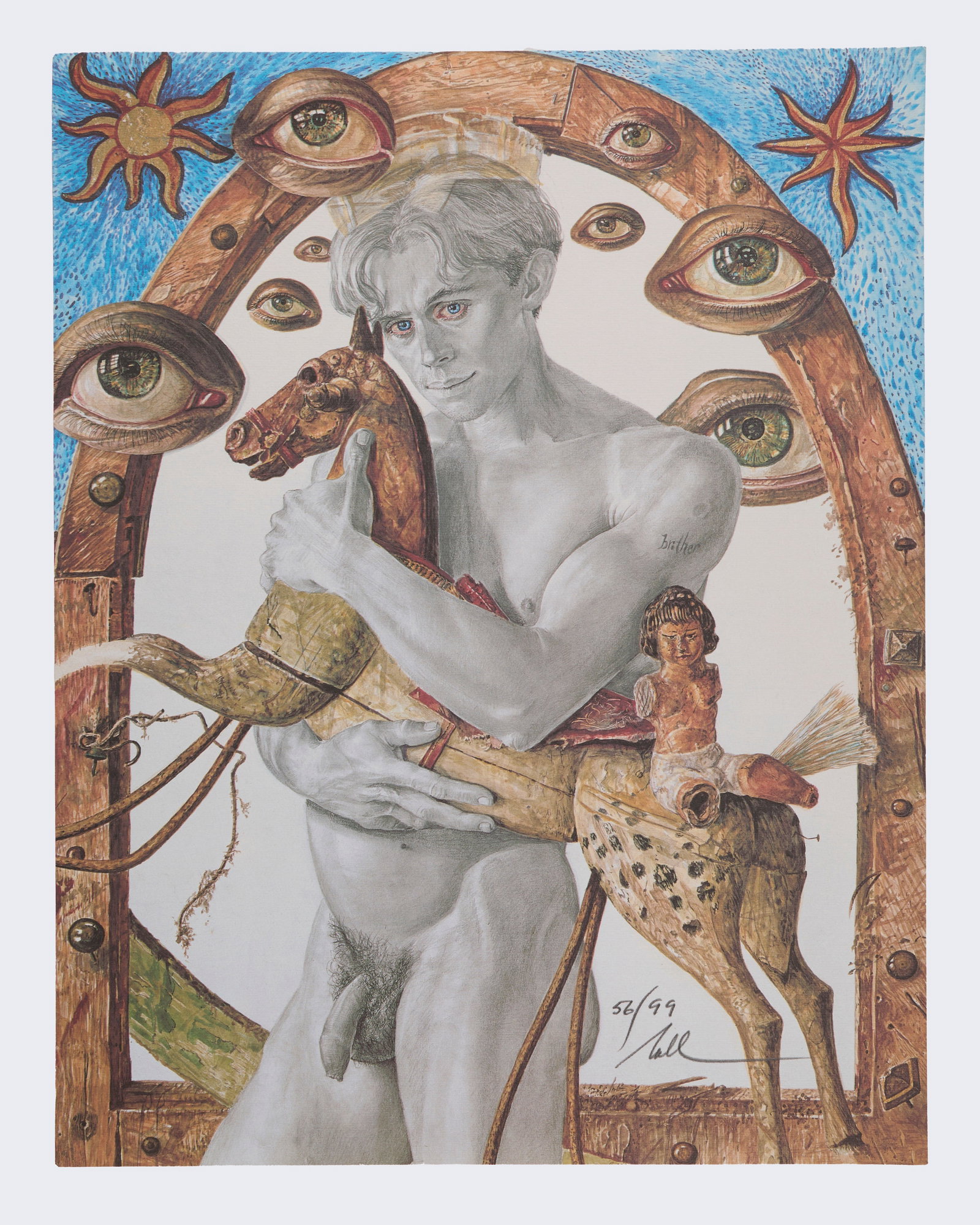 Fred Nall Hollis (American - Alabama, 1948 - 2024): "Security Blanket." 1993. Offset lithograph. Numbered 56/99 and signed in pencil on the bottom right. Inscribed '220 Security Blanket' on the verso. 15 1/2 x 12" Provenance: a private South Carolina c