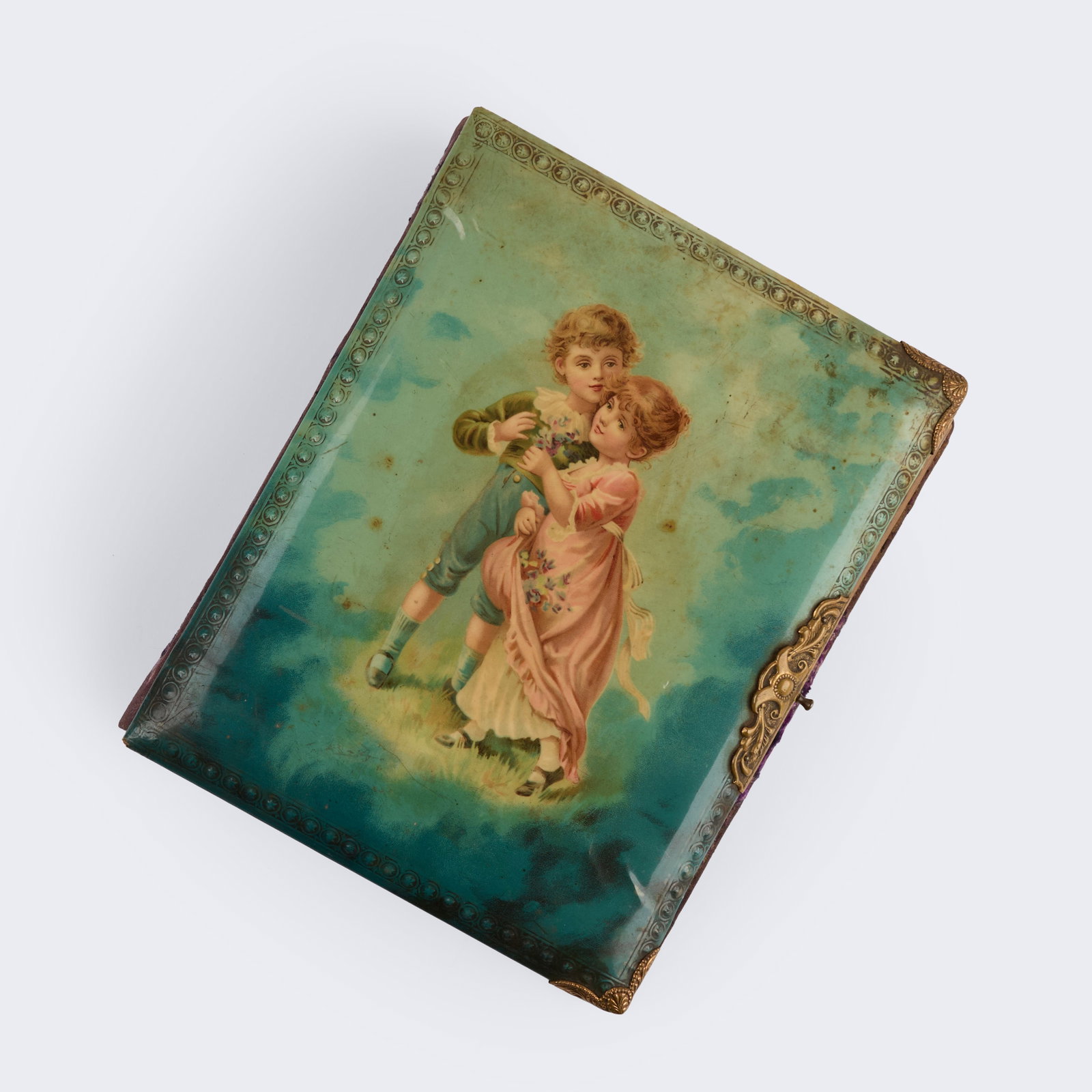 American Photo Album (Antique): Colorful decorative 20th-century cabinet card album. Various subject matter, including animals. 10 1/2 x 8 x 2 1/2" Provenance: property of a Massachusetts collection. Shipping: At checkout, you can c